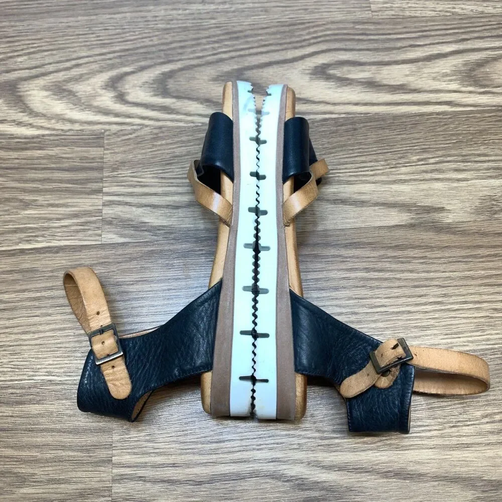 Miz Mooz Women's Shep Leather Sandal Size 38 Flat Ankle Strap Tan Black Casual‎